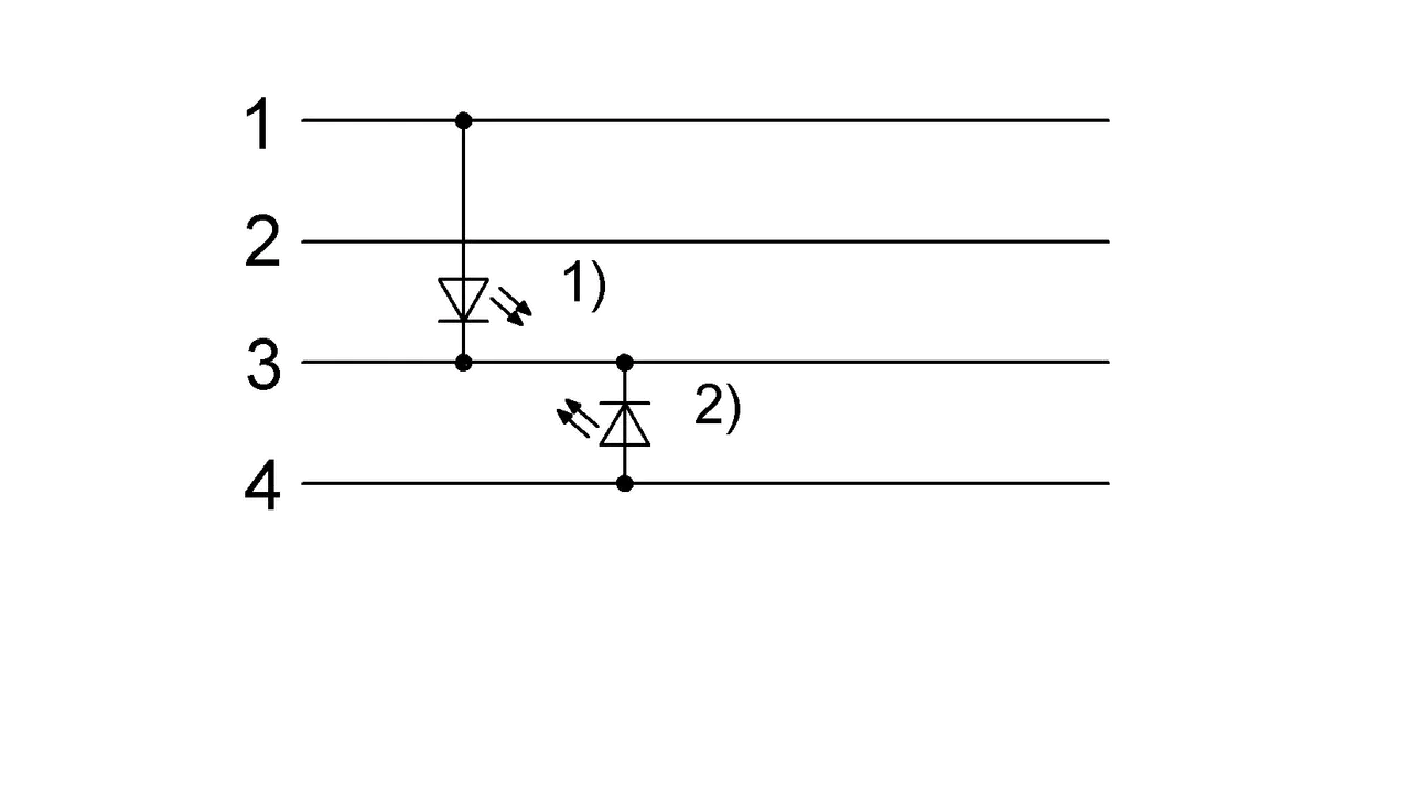 1) LED grün = Betriebsanzeige 2) LED gelb = Funktion