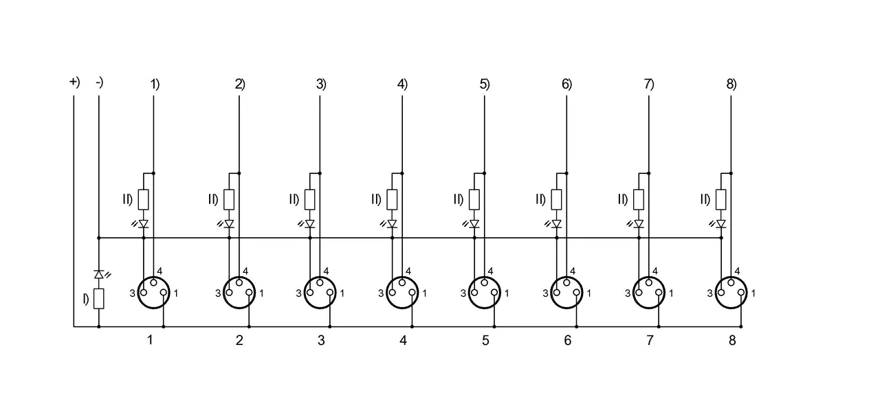 -) blau 0,75 mm² +) braun 0,75 mm² 1) weiss 2) grün 3) gelb 4) grau 5) rosa 6) rot 7) schwarz 8) violett I) LED grün II) LED gelb