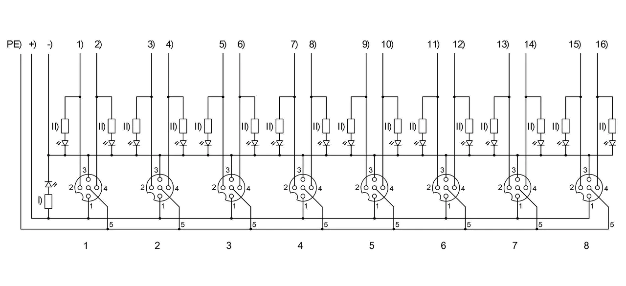 -) kék 1,00 mm² +) barna 1,00 mm² 1) szürke/rózsaszín 2) fehér 3) piros/kék 4) zöld 5) fehér/zöld 6) sárga 7) barna/zöld 8) szürke 9) fehér/sárga I) zöld LED 10) rózsaszín 11) sárga/barna 12) piros 13) fehér/szürke 14) fekete 15) szürke/barna 16) ibolya II) sárga LED PE) zöld/sárga 1,00 mm²