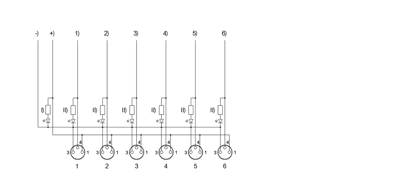 -) blau 0,75 mm² +) braun 0,75 mm² 1) weiss 2) grün 3) gelb 4) grau 5) rosa 6) rot I) LED grün II) LED gelb